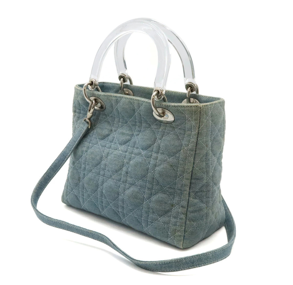 Dior Cannage 2way Bag Clear Christian Lady Blue Shoulder Denim